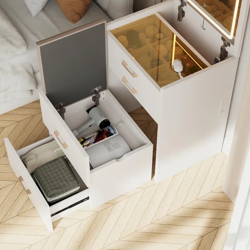 23.6 Makeup Vanity Table with Flip Top Lighted, 3 in 1 Vanity Desk with Glass, LED Light & Power Outlet, 3 Drawers