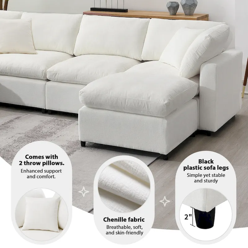 6 Seat Modern Modular Cloud Sofa Bed Chenille Sectional Couch Set with Ottoman
