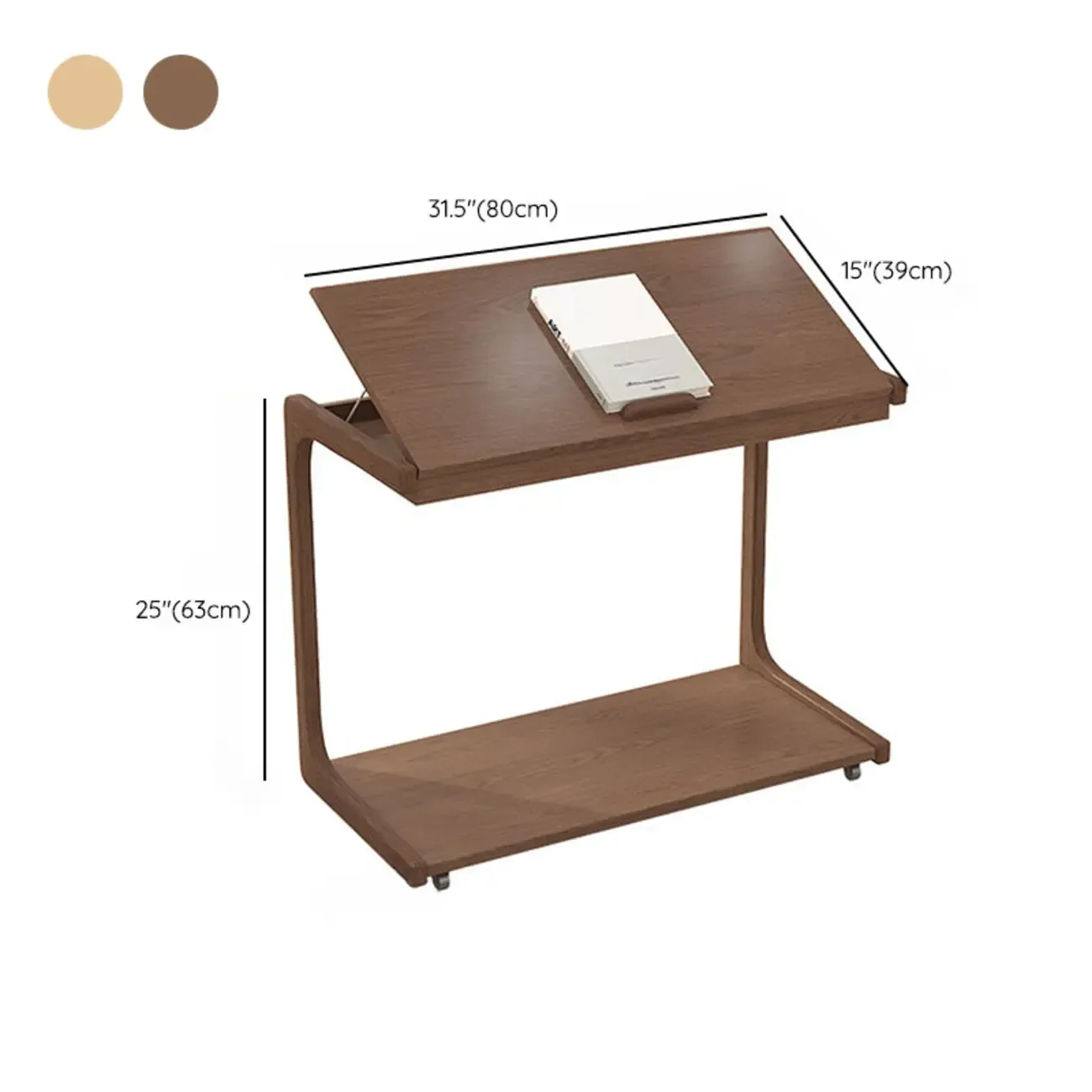 Adjustable Tabletop Wood C Shaped Side Table with Wheels