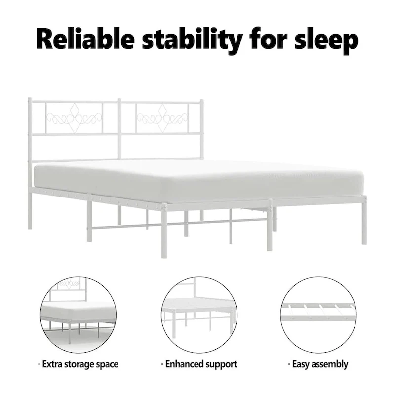 White Full Size Metal Bed Frame with Headboard – 77.2 x 55.9 x 35.4 in