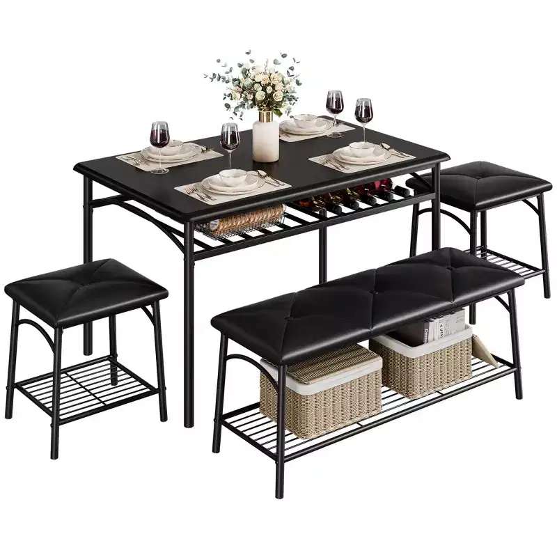 CuisinSmart Dining Room Table Set for 4, with Upholstered Bench and 2 Square Stools, with Storage Shelves, Dining Furniture Set for Small Space