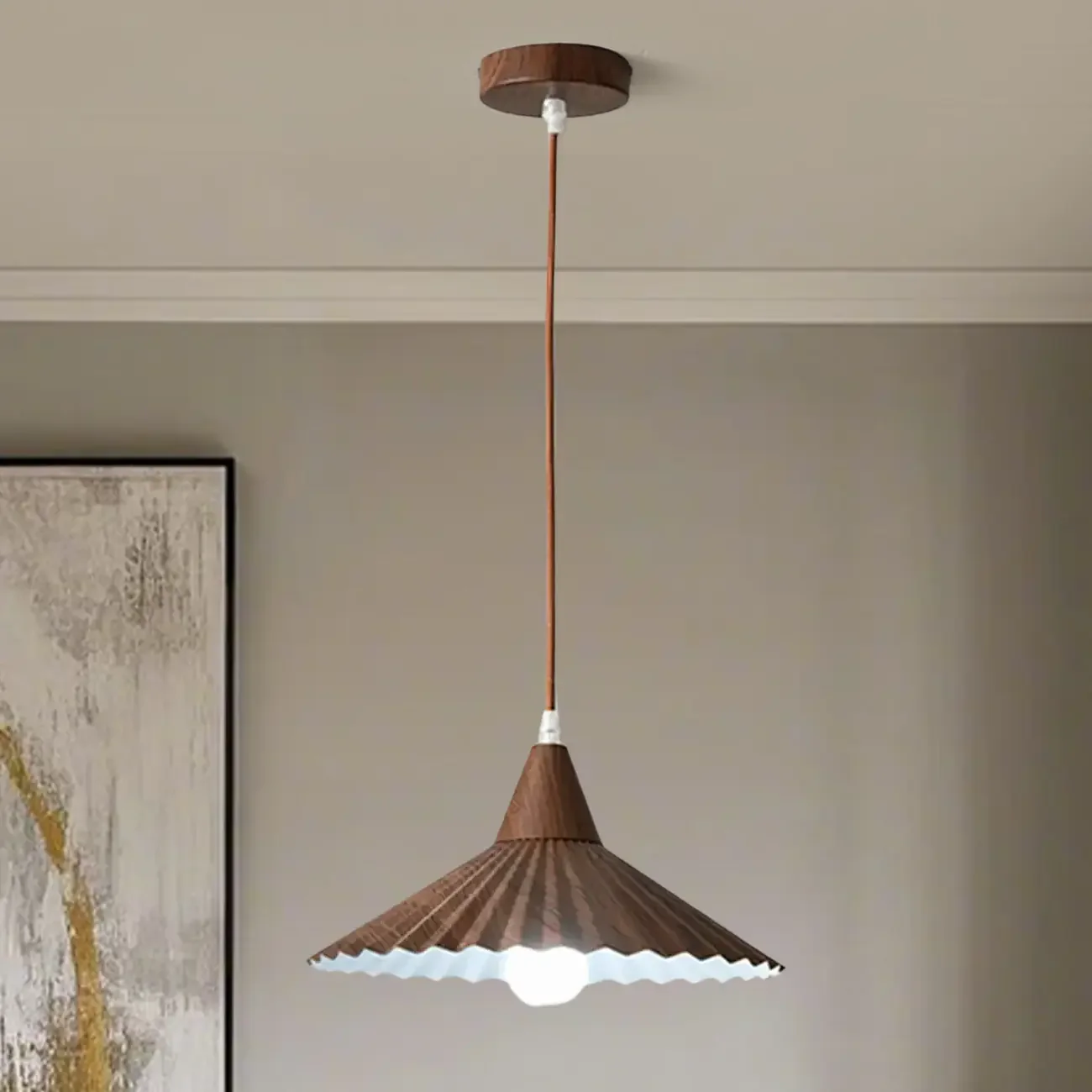Modern Walnut Pleated Cone Pendant Light