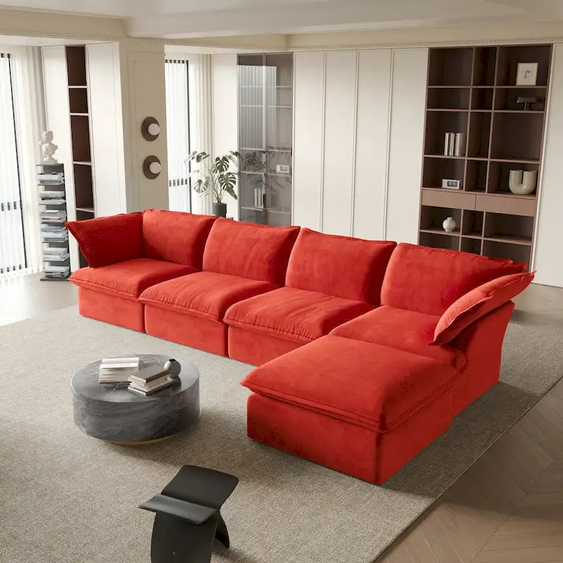 Modular Sectional Sofa Couch, 162.98 Velvet L-Shape Sofa with Ottoman