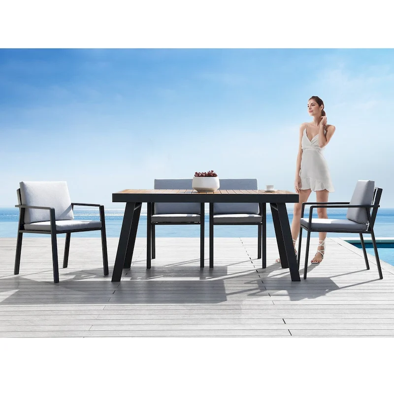 HIGOLD 6801 Nofi Outdoor Dining Set for 4/6 seaters with Grey Cushions/Textile, Aluminum Frame, Imitated Teak Tabletop
