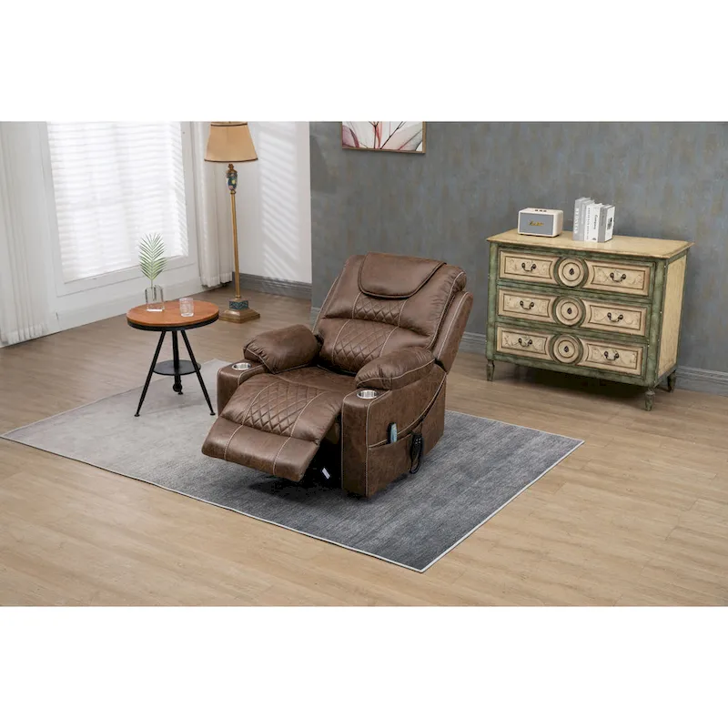 Brown PU Leather Power Lift Recliner with Massage and Heating - 400 lbs Capacity