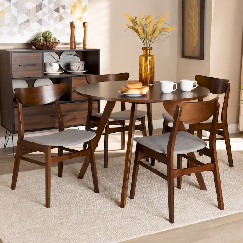 Solid Wood Dining with Half-Round Legs, 4 Chairs & Bench – Natural / Grey, Seats 6