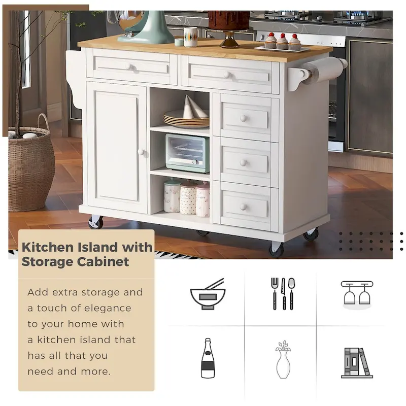 Rubber Wood Desktop Kitchen Cart Featuring Five Drawers, Concealed Cabinet, Adjustable Shelves and Smooth Rolling Wheels