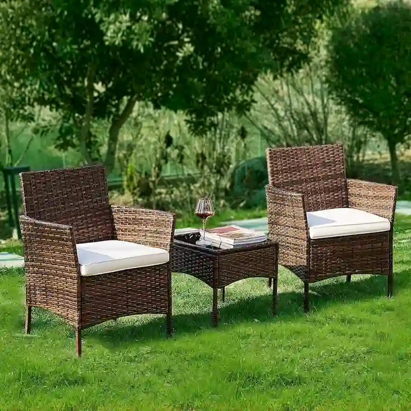 3 Pieces Patio Set Outdoor Wicker Furniture Sets Modern Rattan Chair Conversation Sets with Coffee Table for Yard and Bistro
