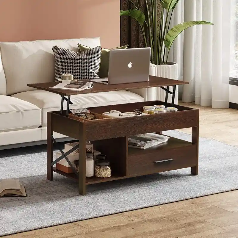 Lift-Top Coffee Table, Hidden Storage Compartments, MDF Wood Grain Top, Espresso, 1-Person Use