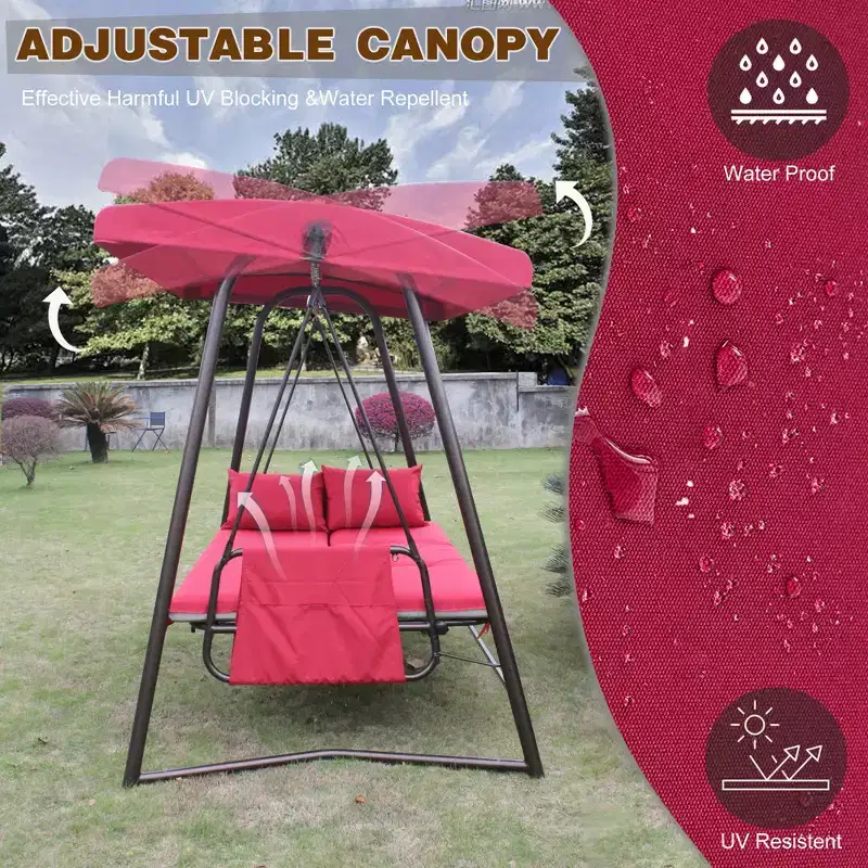 Whisen 93.8 in. W 3-Person Metal Patio Swing Chair Swing Bed with Cushion and Adjustable Canopy