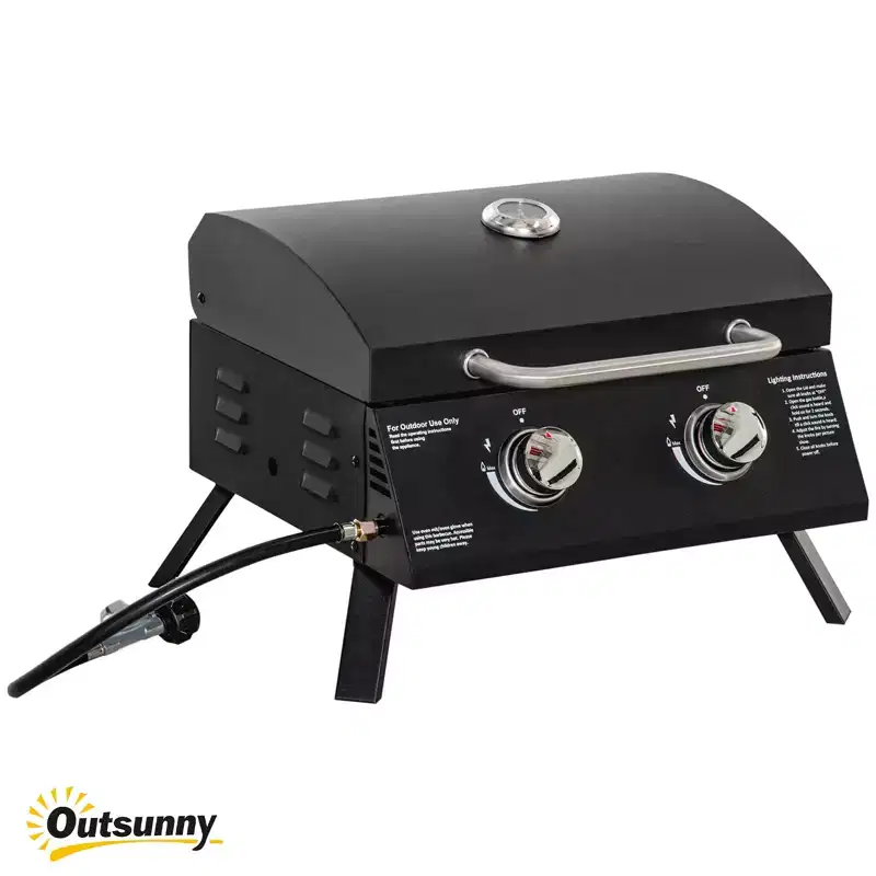 21.75 Charcoal BBQ, Portable Grill with 2 Burners, Folding Legs, Removable Ashtray, Thermometer, for Outdoor Cooking, Camping, Black