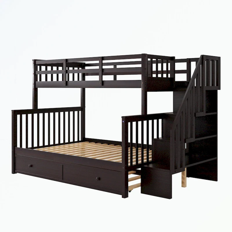 Espresso/Green/White Staircase Twin-Over-Full Bunk Bed with Trundle, Sleeps 3