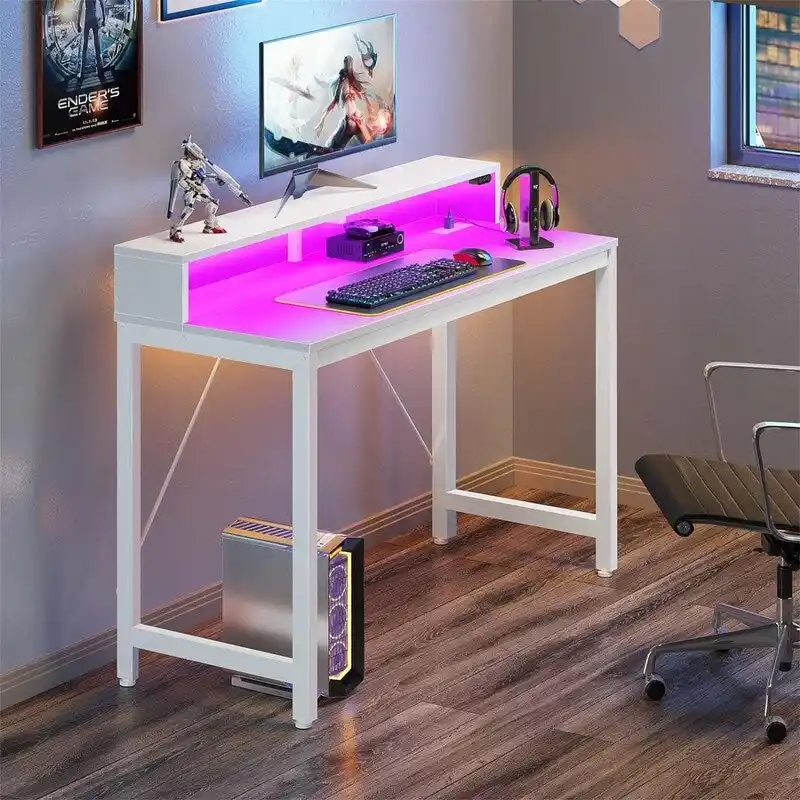 39-Inch Computer Desk with LED Lights and Built-In Power Strip