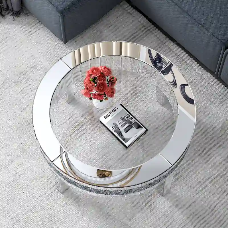 Round Glass Top Coffee Table with Crystal Inlay