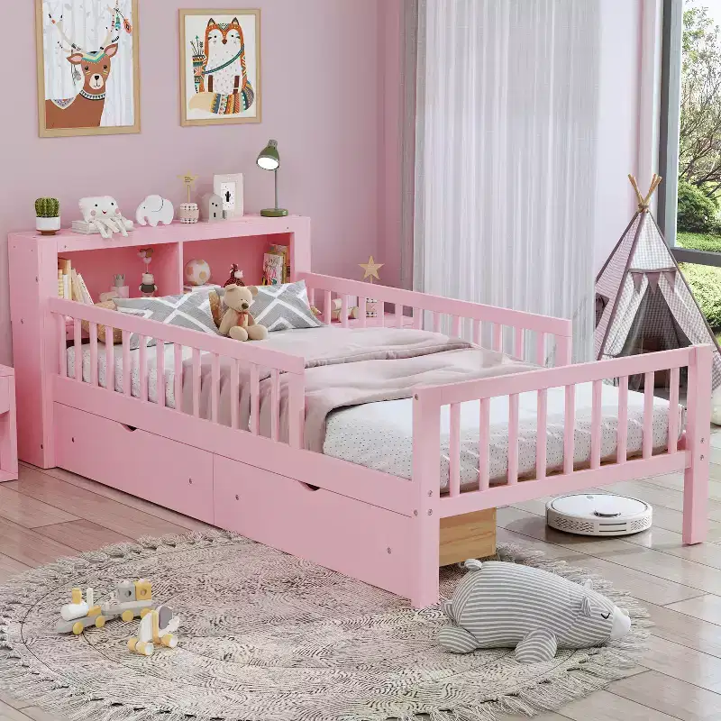 Twin Bed with Headboard Storage Rack, 2 Under-Bed Drawers and Guardrails, Pink