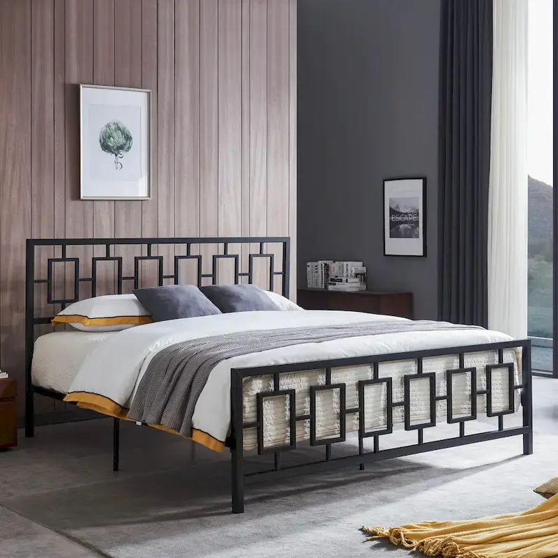 King-Size Iron Platform Bed Frame – Geometric Headboard, No Box Spring Needed