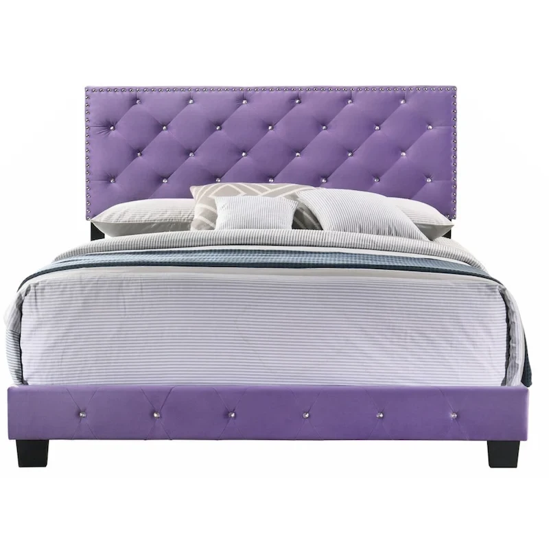 Purple Velvet Platform Bed with Nailhead Trim, Queen Size