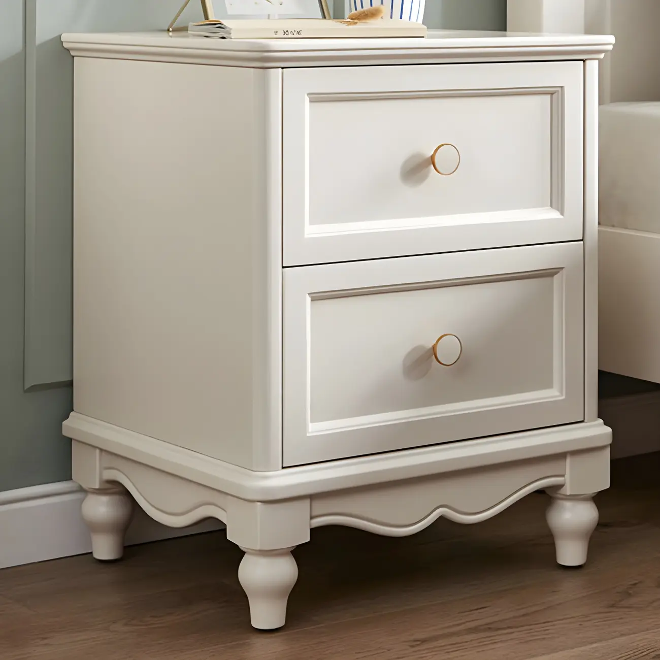 French 2-Layer White Wood Bedroom Nightstand