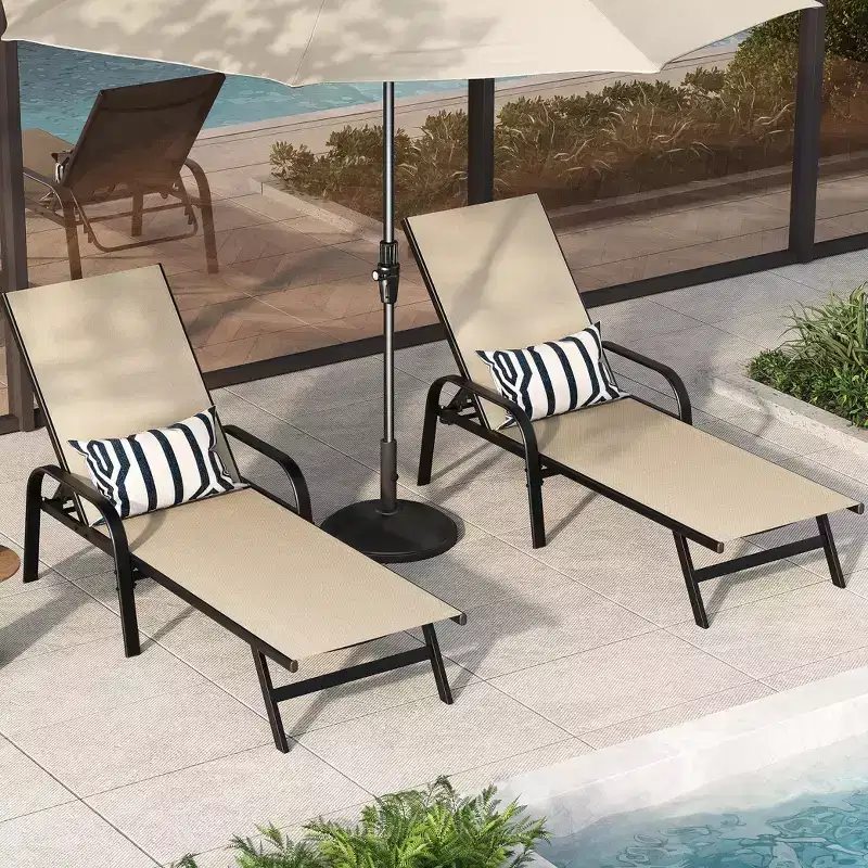 Set of 2 Outdoor Lounge Chairs, 5-Position Adjustable Patio Reclining Chaise with Textilene Fabric for Poolside, Garden, Deck & Balcony, All-Weather