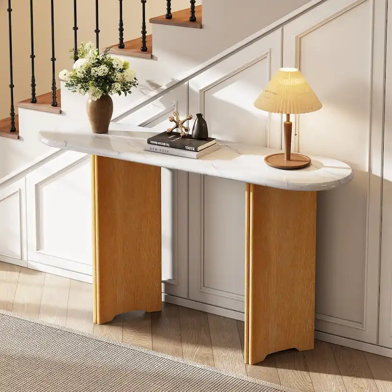53.9  Console Table with Faux Marble Top & Wood Base