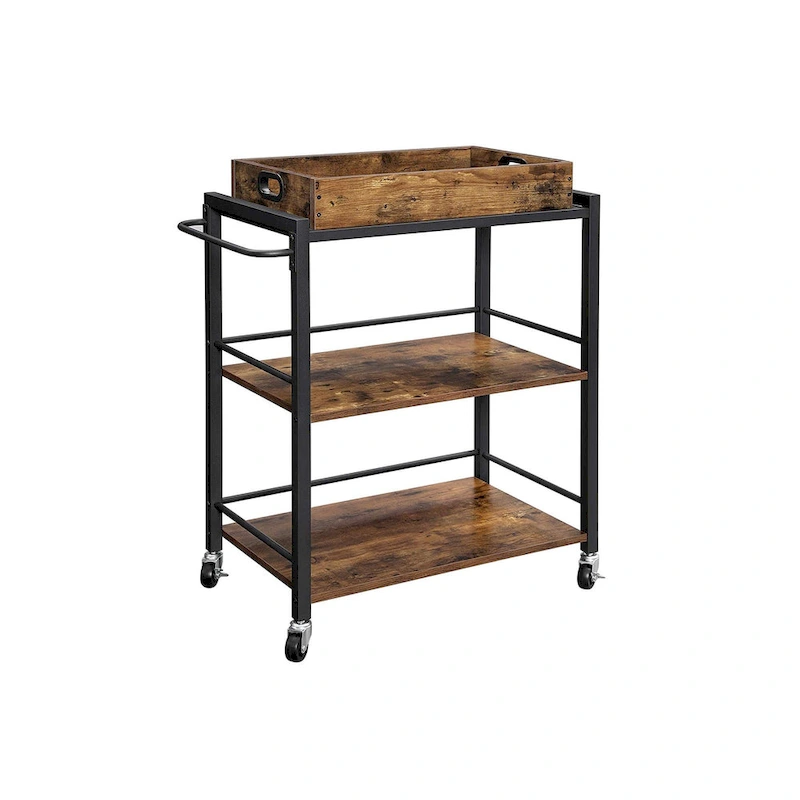 Rustic Brown Black Industrial Bar Cart with Removable Tray 3-Tier Storage and Lockable Wheels