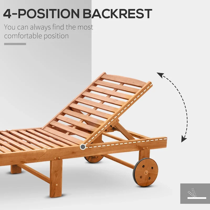 Outsunny Outdoor Folding Chaise Lounge Chair Recliner With Wheels, Acacia Wood Frame