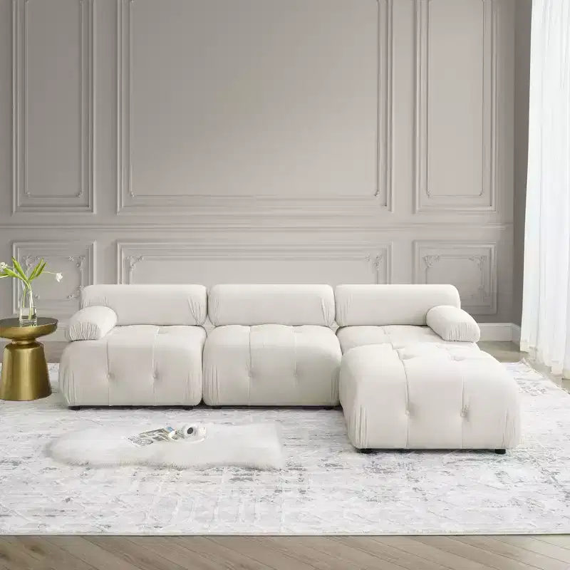 93 Modular Button Velvet/Teddy Fabric Tufted Upholstered Sectional Sofa, L Shaped Sofa with Reversible Ottoman - ModernLuxe