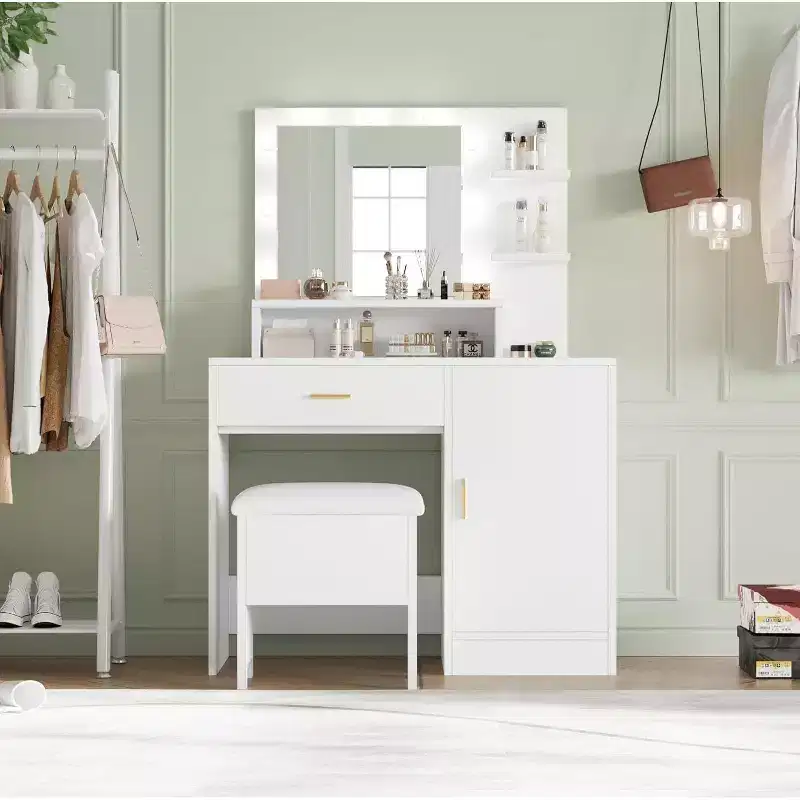 Acekool Vanity Desk with Mirror & 9 LED Lights, 4 Drawers, 3 Shelves, Makeup Table for Bedroom, White