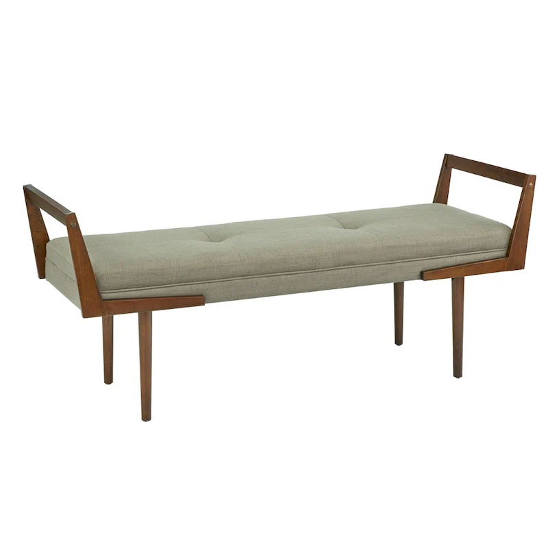Upholstered Mid-Century Bench with Button Tufting – Taupe / Charcoal Grey / Brown Faux Leather, Walnut Legs