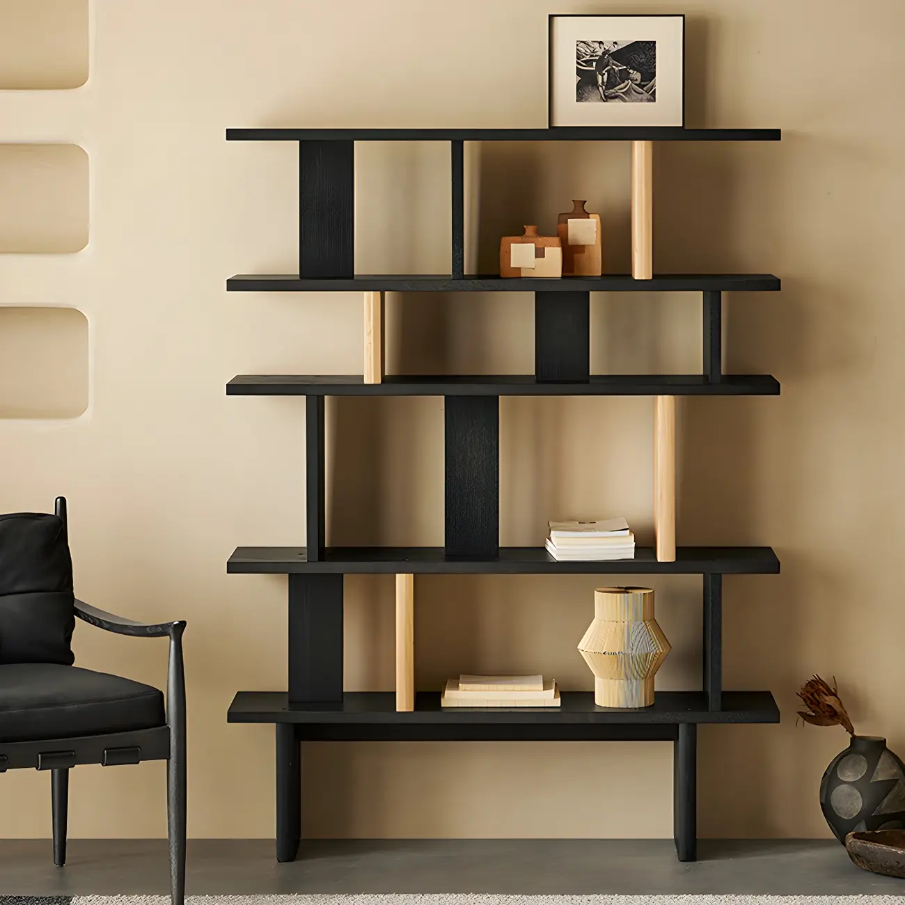 Modern Wooden Black Ladder Bookcase for Living Room