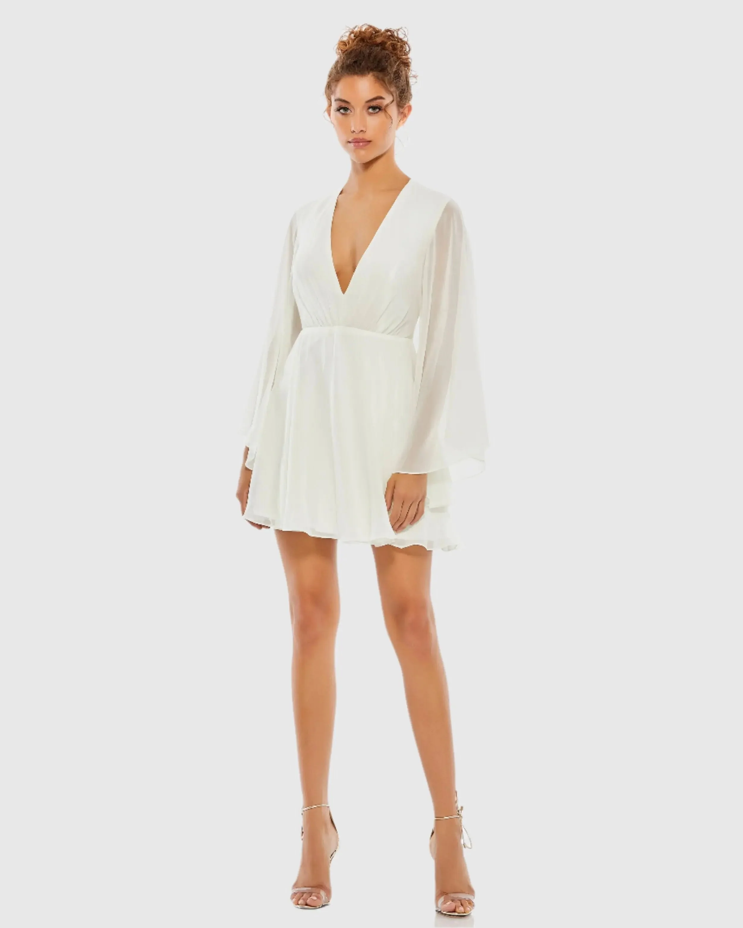 White Solid Flowy V Neck Illusion Sleeve Mini Dress
