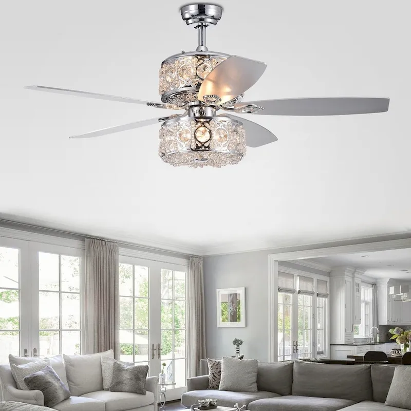 Velko 52-inch 6-light Dual Lamp Lighted Ceiling Fan with Crystal Shade (incl. Remote & 2 Color Option Blades)