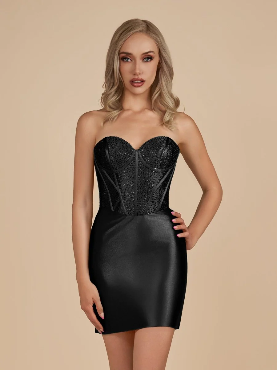 Black - Bodycon Sweetheart Satin Corset Homecoming Dresses with Beads