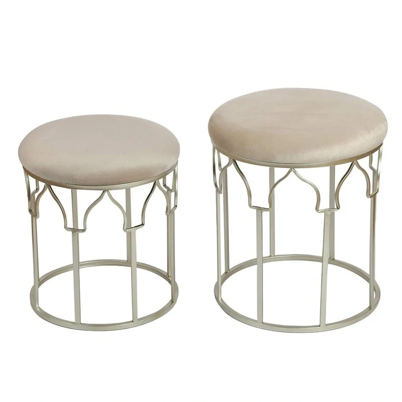 Poggiapiedi rotondo impilabile, gambe in acciaio, altezza 43 cm, set di 2 pouf e pouf contenitore, grigio chiaro.