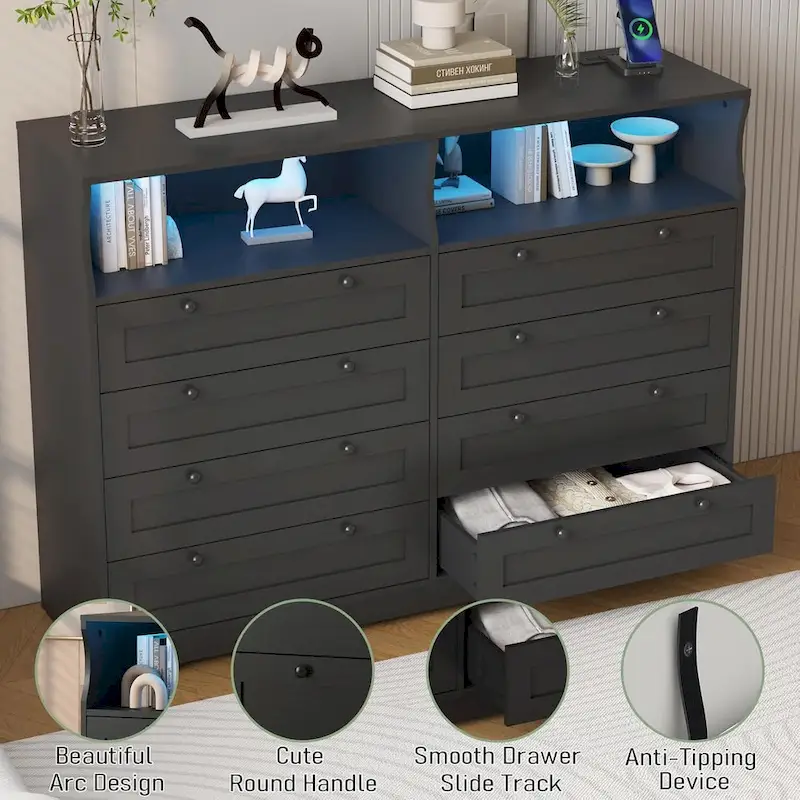 Modern Wood Dresser with 8 Drawers, Bedroom Dresser with Charging Station & LED Lights