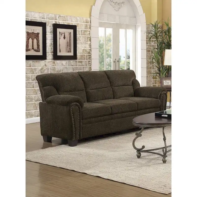 Brown Upholstered Living Room with Nailhead Trim – Transitional Style