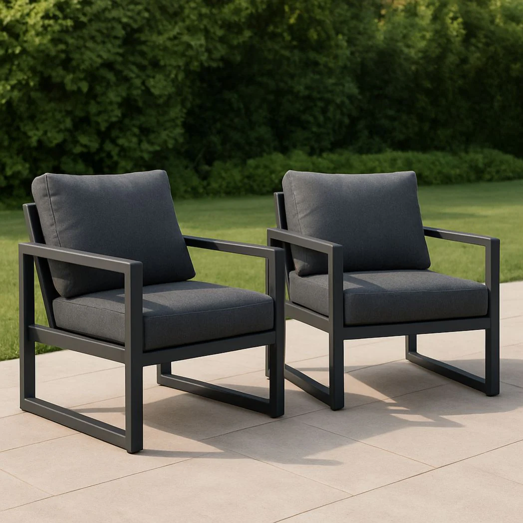 Lot de 2 fauteuils de jardin extérieur en aluminium gris avec coussins en polyester