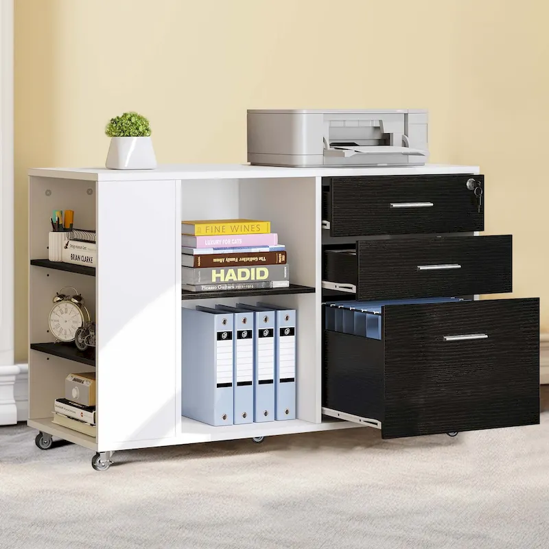 Brown Mobile Wood Lateral File Cabinet with Charging Station & Lock