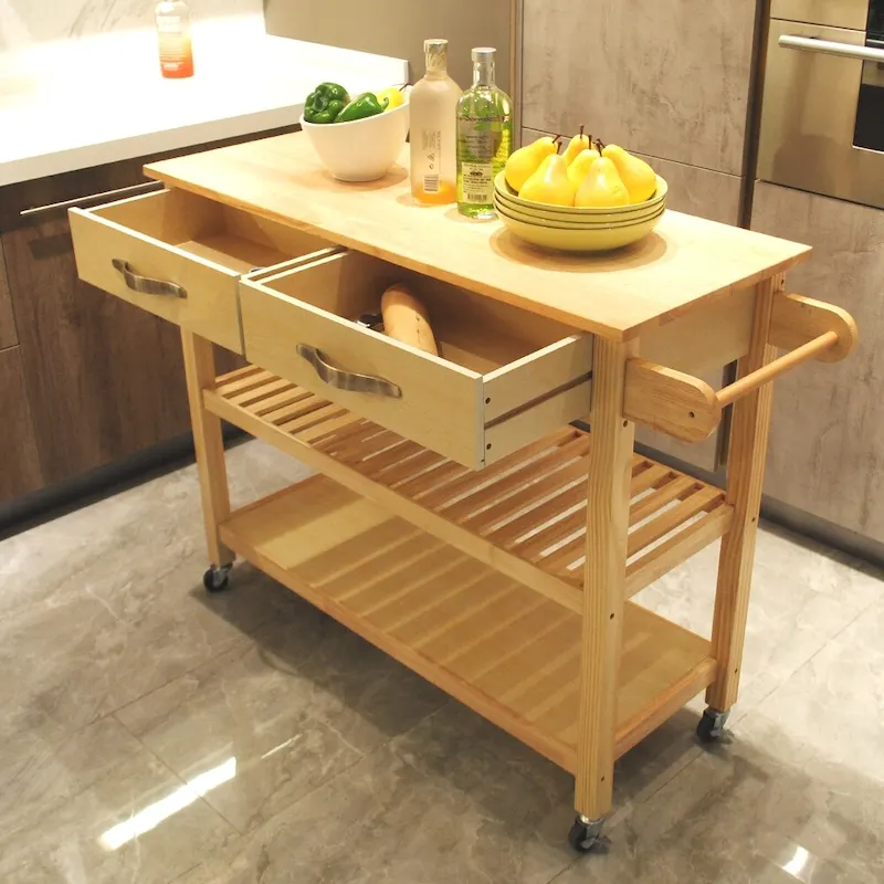 Kitchen Island & Kitchen Cart, Mobile Kitchen Island with Two Lockable Wheels, Rubber Wood Top, Simple Design
