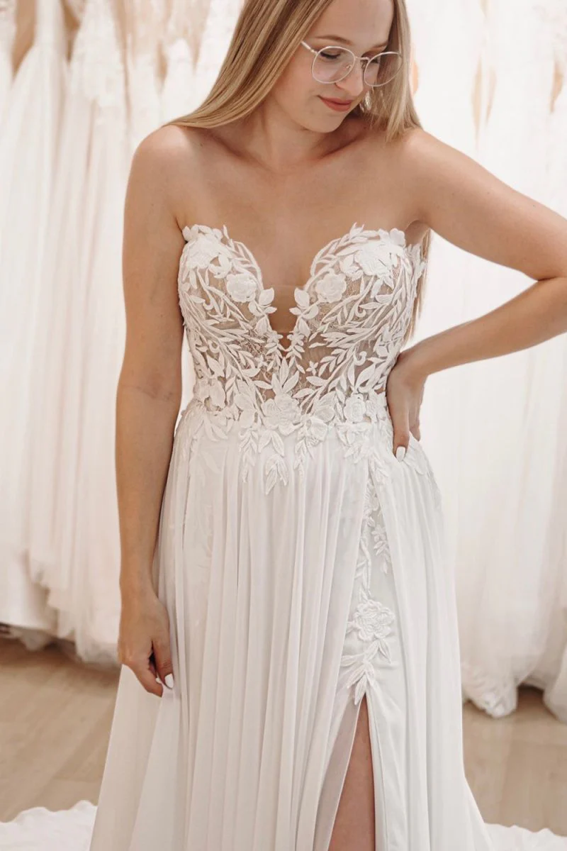 White Sweetheart Long Lace Boho Wedding Dress with Slit