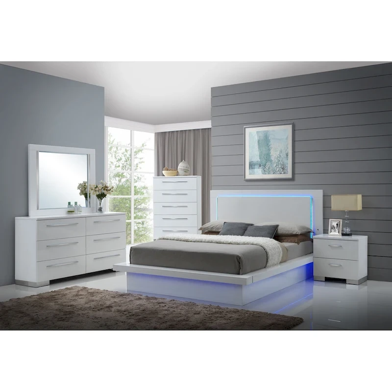 New Classic Furniture Vexa White High Gloss 4-Piece Bedroom Set with Nightstand