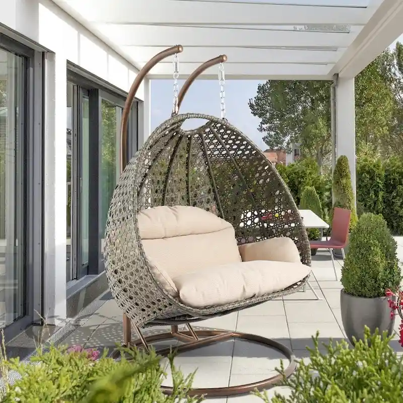 2-Person Hanging Egg Chair with Stand – Outdoor/Indoor Rattan Wicker Swing Lounger with Cushions
