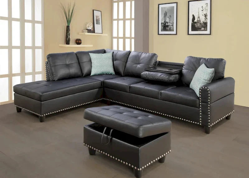 Faux Leather Sectional Sofa with Ottoman - 98 W x 71 D x 33 H