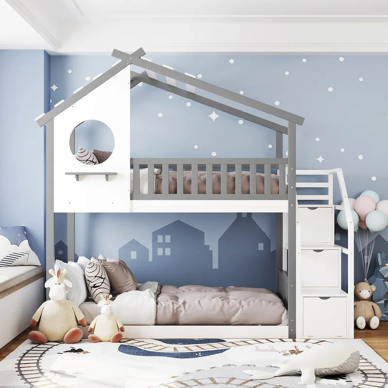 Grey/White Twin-Over-Twin Stairway Bunk Bed with Storage, Sleeps 2
