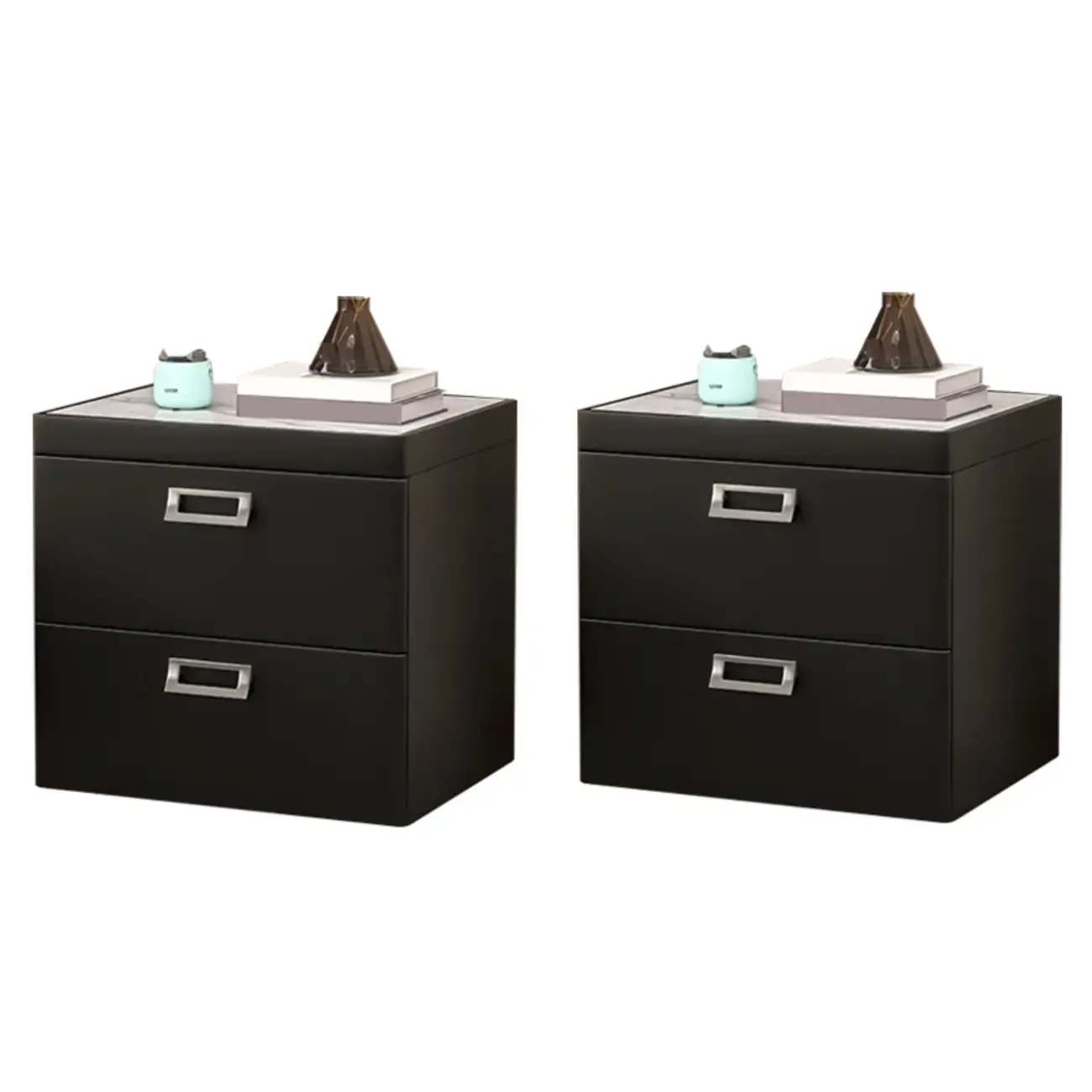 Modern Faux Leather 2 Drawers Nightstand with Stone Top