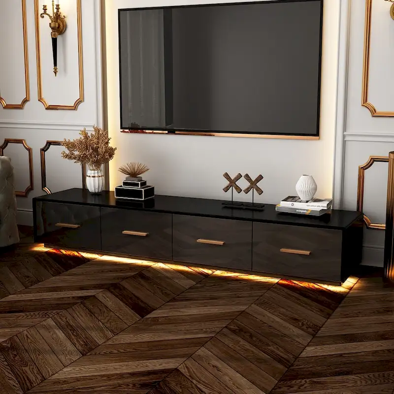 Black Entertainment Center Spacious Luxurious TV Stand Golden Accents - 70.9