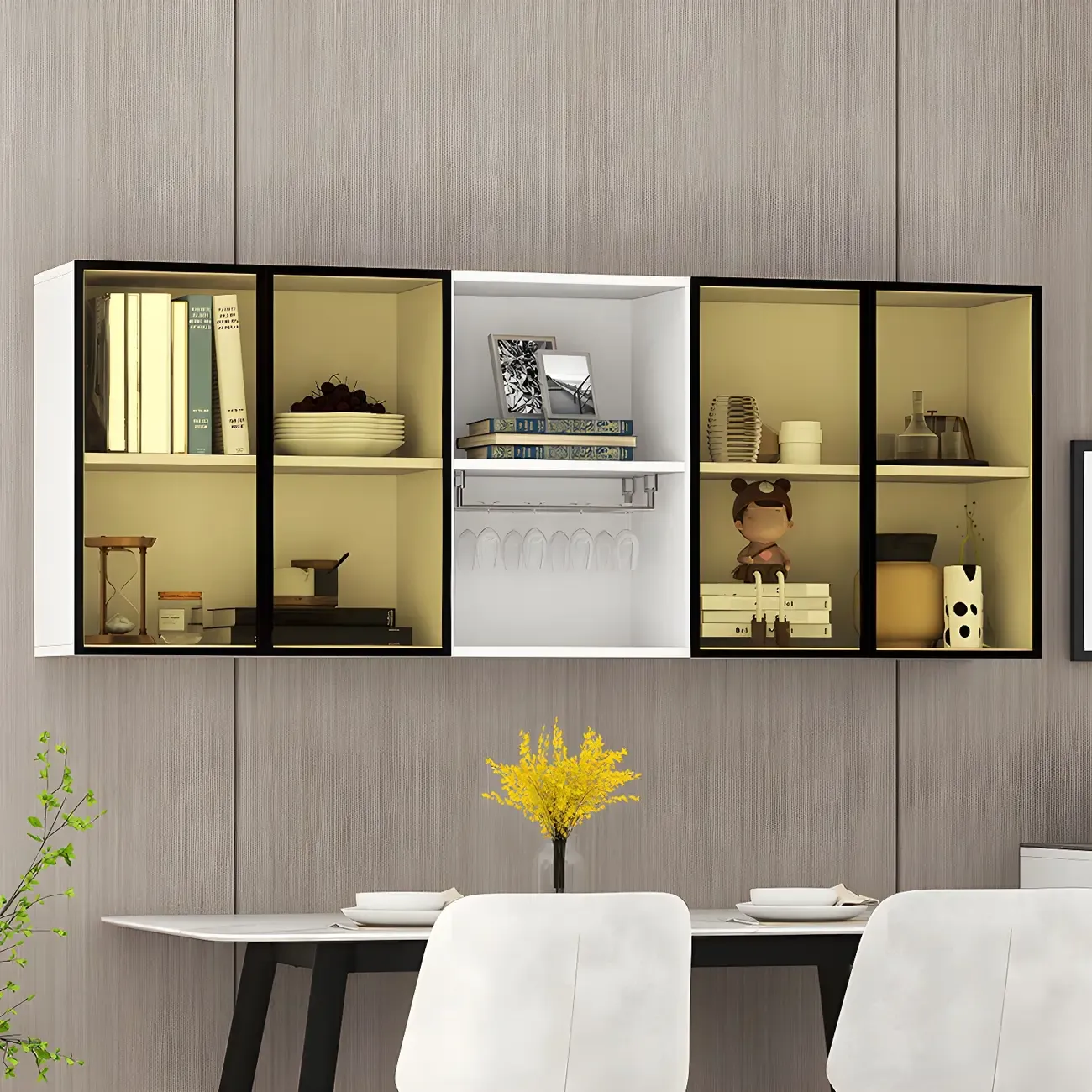 Rectangular Wood Wall-Mounted Glass Doors Display Cabinet