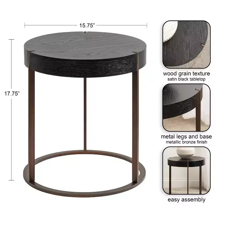 Kate and Laurel Rovin Side Table Wood and Metal, 16x16x18, Black