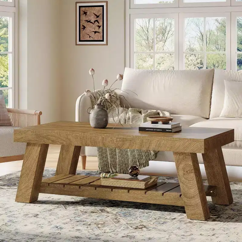 Lantine 47.24 Wood Coffee Table, Farmhouse 2-Tier Rectangular Center Tables for Living Room, Apartment, Home