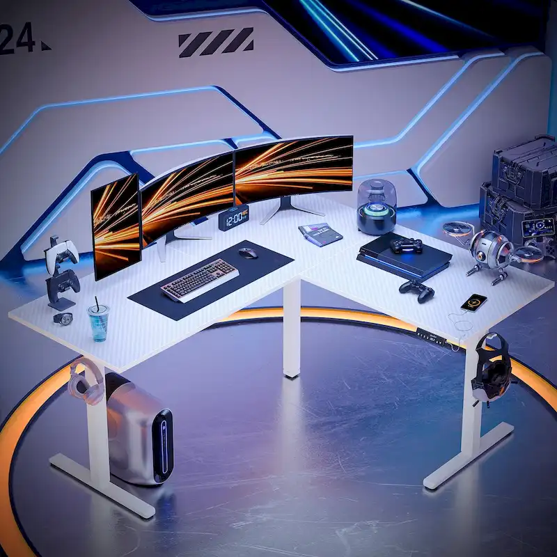 63 L Shaped Standing Desk Corner Desk LED Gaming Desk with Ergonomic Monitor Stand